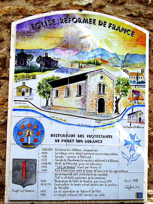 panneau historique appos sur le temple de Puget sur Durance